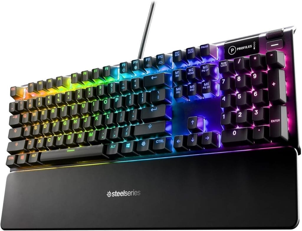 SteelSeries Apex 3 RGB Gaming Keyboard – 10-Zone RGB Illumination – IP32 Water Resistant – Premium Magnetic Wrist Rest (Whisper Quiet Gaming Switch)