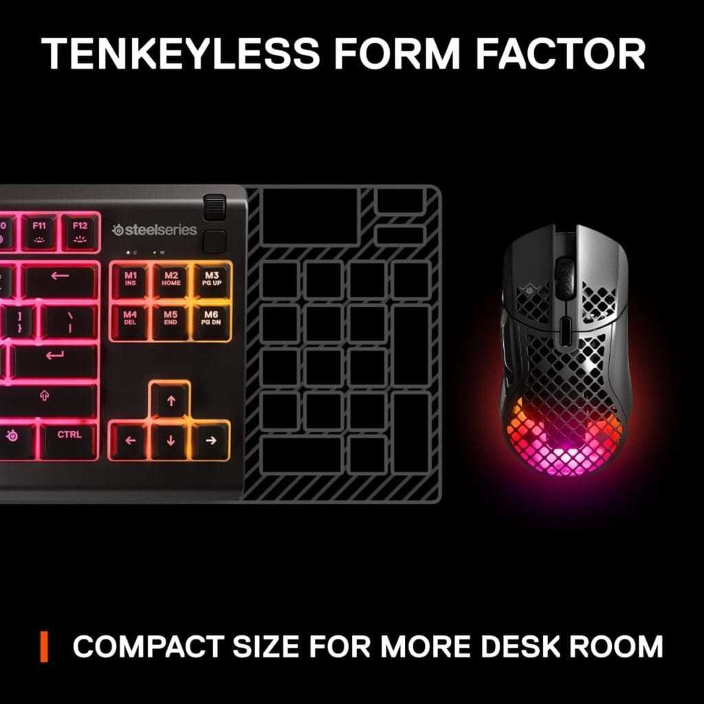 SteelSeries Apex 3 RGB Gaming Keyboard – 10-Zone RGB Illumination – IP32 Water Resistant – Premium Magnetic Wrist Rest (Whisper Quiet Gaming Switch)