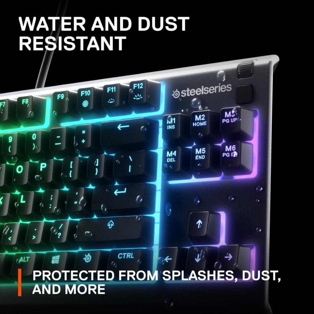 SteelSeries Apex 3 RGB Gaming Keyboard – 10-Zone RGB Illumination – IP32 Water Resistant – Premium Magnetic Wrist Rest (Whisper Quiet Gaming Switch)