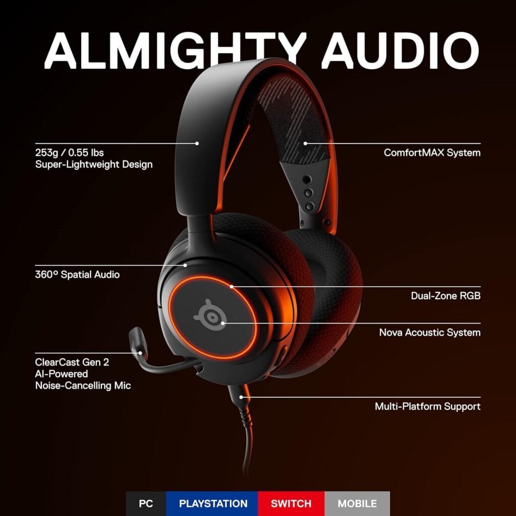 SteelSeries New Arctis Nova 3 Multi-Platform Gaming Headset - Signature Arctis Sound - ClearCast Gen 2 Mic - PC, PS5/PS4, Xbox Series X|S, Switch, Mobile,Black