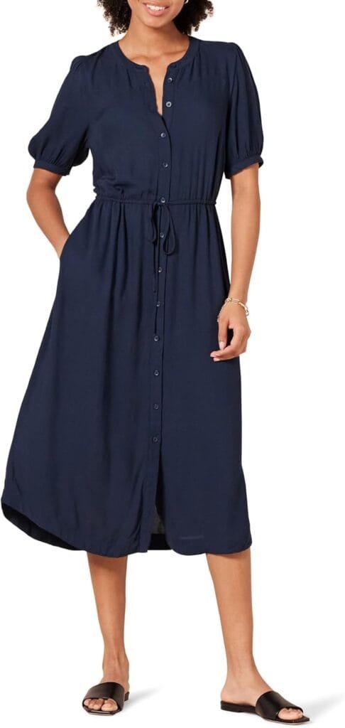 Amazon Essentials Womens Relaxed Fit Half-Sleeve Waisted Midi A-Line Dress