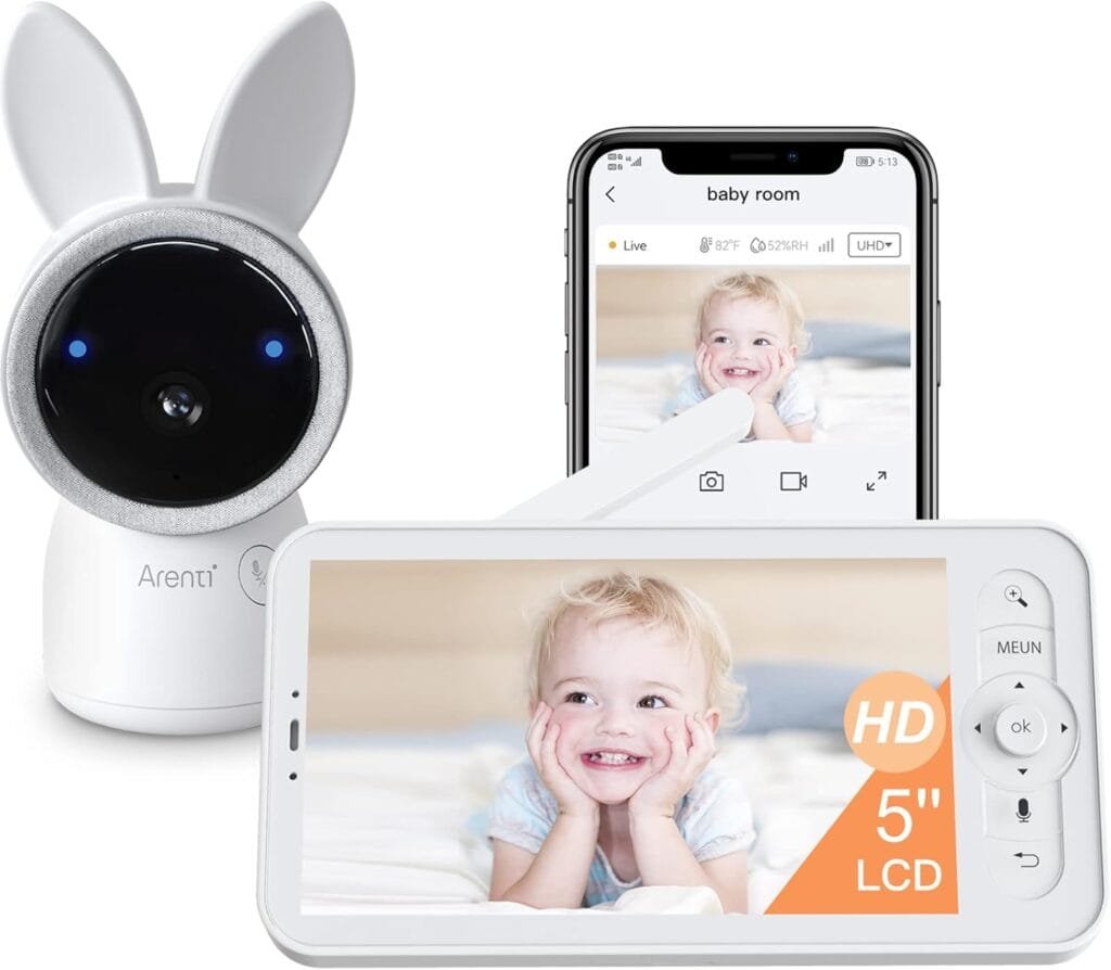 ARENTI Baby Monitor, 2K Smart Baby Camera with 5-Inch Upgraded Wireless Display, Super Night Vision, Lullabies, Cry  Motion Detection, Temp  Humidity Sensor, Two Way Audio