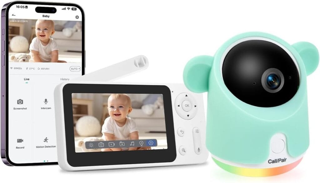 Baby Monitor with Camera and Audio, 1080P Baby Camera Monitor WiFi Smartphone App Control Night Vision 4.3” Screen 2-Way Talk Temperature  Humidity Sensor Lullabies Motion  Cry Detection iOS/Android