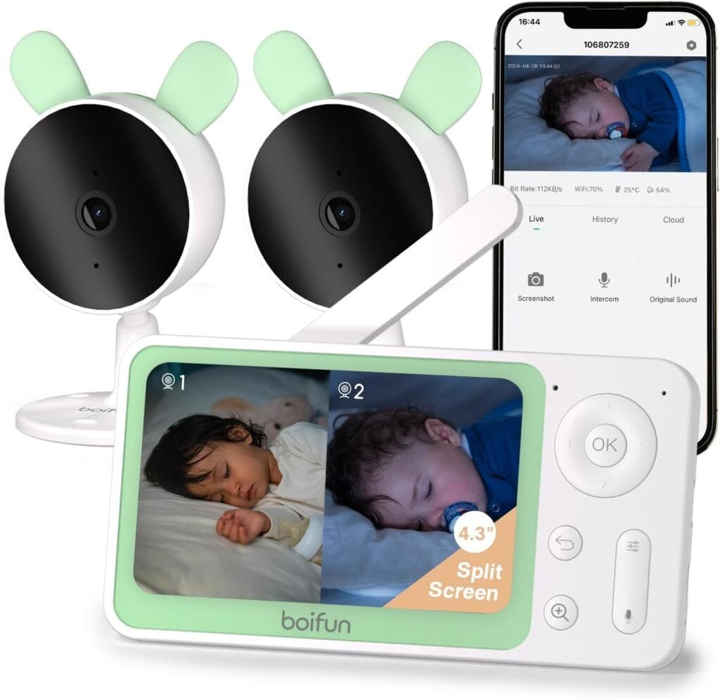 BOIFUN Split Screen Video Baby Monitor WiFi, 2 Cameras, Smartphone APP Control  LCD Monitor, AI Motion  Sound Detection, 4.3 4X Zoom, 1080P Smart (Monitor para Bebe), Area Alarm, Video Recording