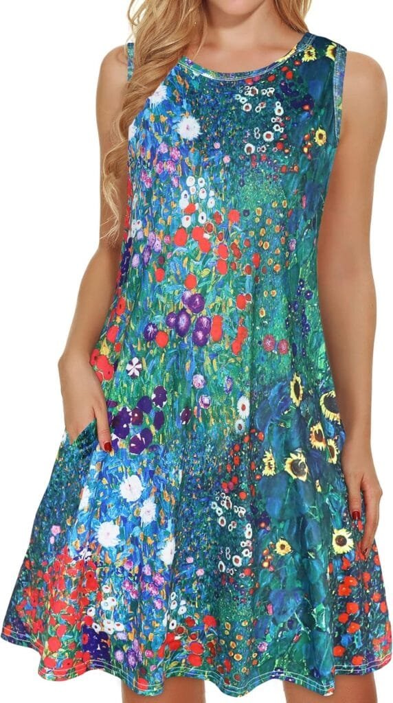 elescat Womens Summer Dresses 2025 Beach Casual Sleeveless Floral Print Tank Loose Sundress with Pocket