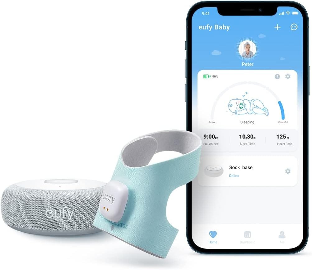 eufy Security Baby Smart Sock Baby Monitor with 2.4 GHz Wi-Fi, Track Sleep Patterns, Naps, Heart Rate, AI Cry Detection, Pan and Tilt, No Monthly Fee