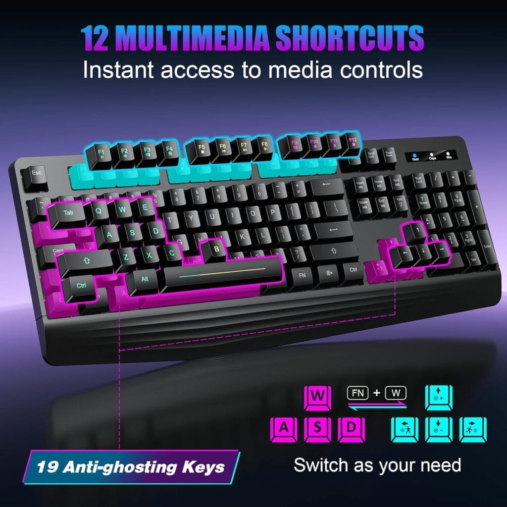 Gaming Keyboard, 7-Color Rainbow LED Backlit, 104 Keys Quiet Light Up Keyboard, Wrist Rest, Whisper Silent, Anti-ghosting Multimedia Keys, Waterproof USB Wired Keyboard for PC Mac Xbox