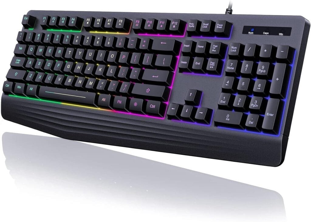 Gaming Keyboard, 7-Color Rainbow LED Backlit, 104 Keys Quiet Light Up Keyboard, Wrist Rest, Whisper Silent, Anti-ghosting Multimedia Keys, Waterproof USB Wired Keyboard for PC Mac Xbox