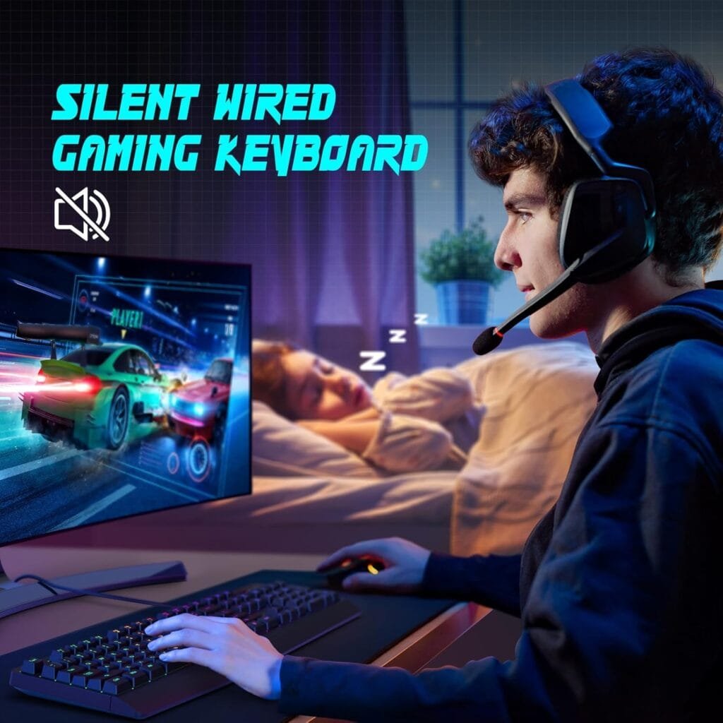 Gaming Keyboard, 7-Color Rainbow LED Backlit, 104 Keys Quiet Light Up Keyboard, Wrist Rest, Whisper Silent, Anti-ghosting Multimedia Keys, Waterproof USB Wired Keyboard for PC Mac Xbox