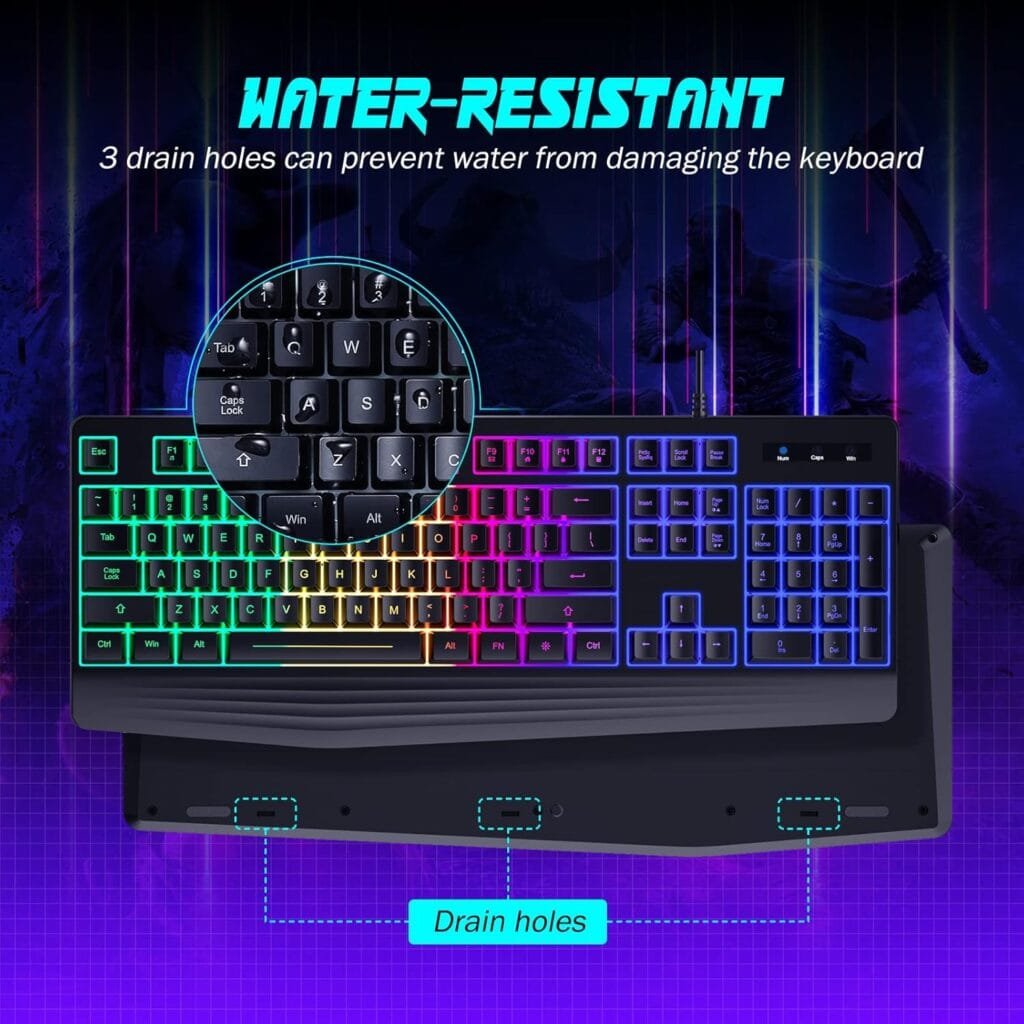 Gaming Keyboard, 7-Color Rainbow LED Backlit, 104 Keys Quiet Light Up Keyboard, Wrist Rest, Whisper Silent, Anti-ghosting Multimedia Keys, Waterproof USB Wired Keyboard for PC Mac Xbox