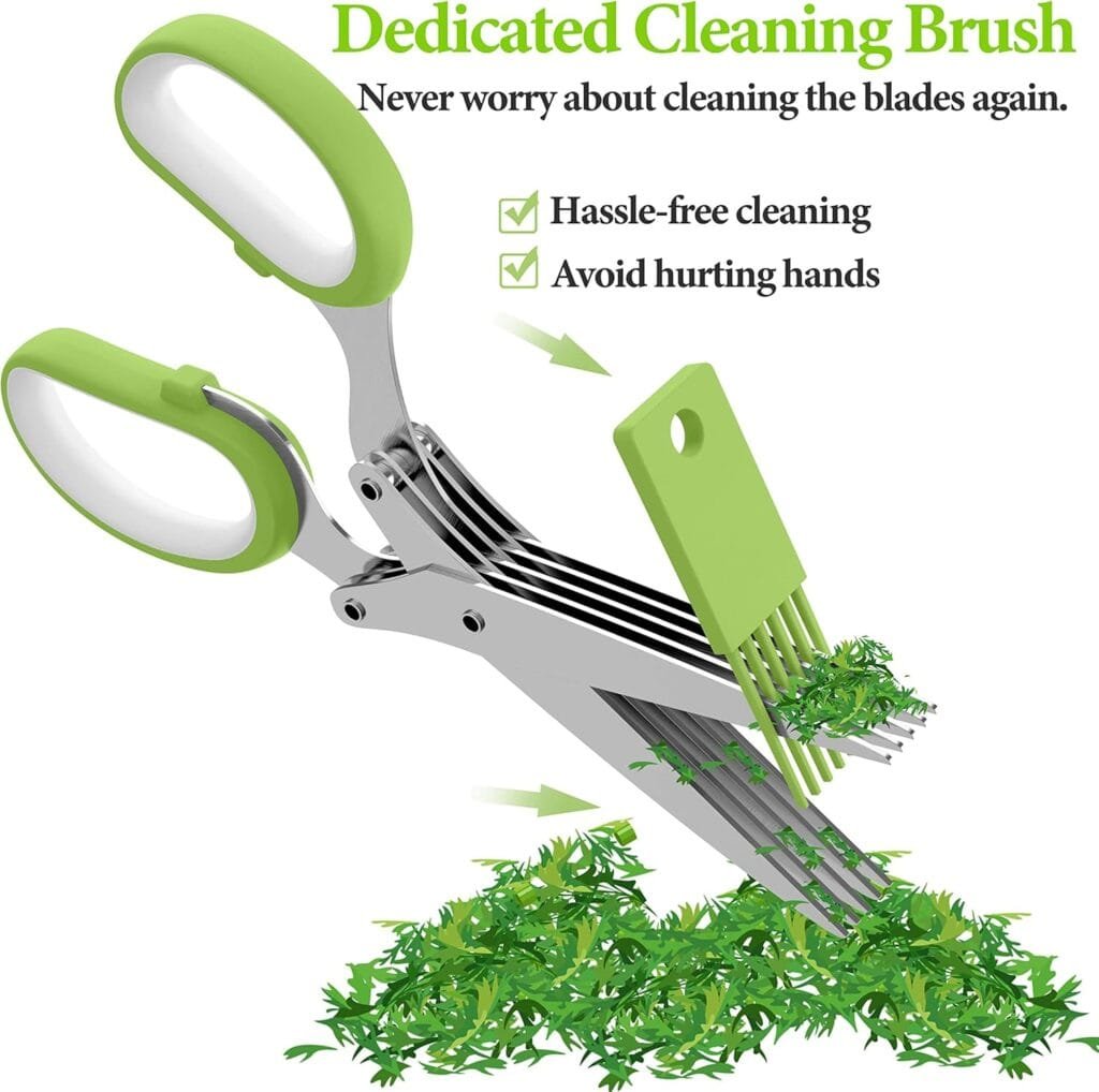 Herb Scissors, Kitchen Herb Shears Cutter with 5 Blades and Cover, Sharp Dishwasher Safe Kitchen Gadget – Green