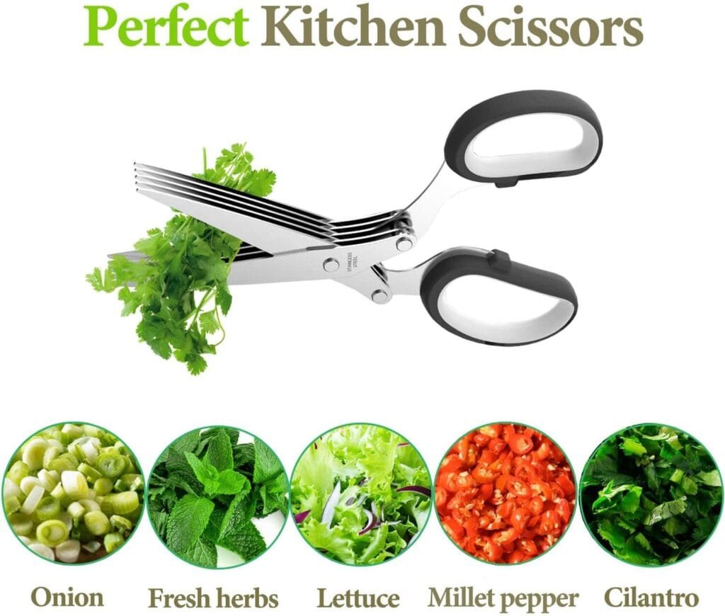 Herb Scissors, Kitchen Herb Shears Cutter with 5 Blades and Cover, Sharp Dishwasher Safe Kitchen Gadget – Green