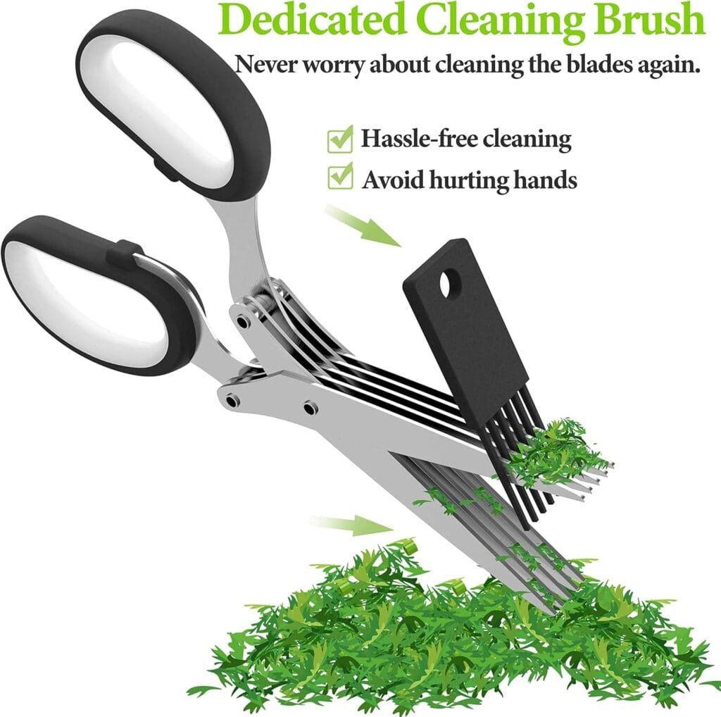 Herb Scissors, Kitchen Herb Shears Cutter with 5 Blades and Cover, Sharp Dishwasher Safe Kitchen Gadget – Green