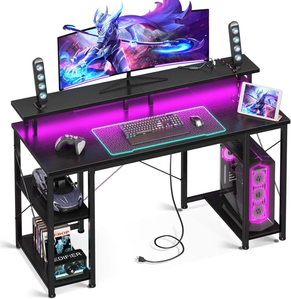 ODK 48 inch Gaming Desk with LED Lights  Power Outlets, Computer Desk with Monitor Stand  Storage Sheves, CPU Stand, Home Office Desk, Black