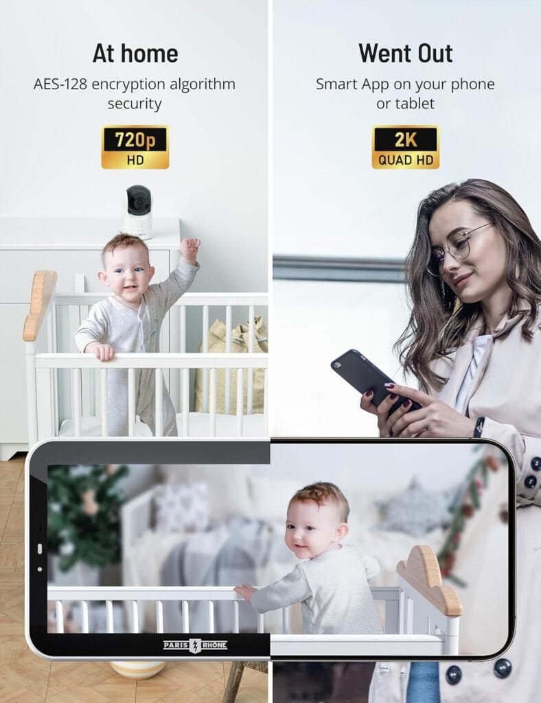 PARIS RHÔNE Video Baby Monitor, 2K UHD WiFi Camera, Night Vision, 5” Smart Baby Monitor with App Control, Motion and Cry Detection, AI Tracking, Three-Way Audio, RGB Night Light, Lullabies