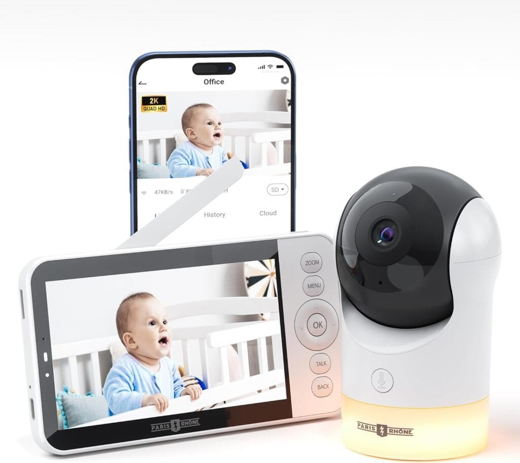 PARIS RHÔNE Video Baby Monitor, 2K UHD WiFi Camera, Night Vision, 5” Smart Baby Monitor with App Control, Motion and Cry Detection, AI Tracking, Three-Way Audio, RGB Night Light, Lullabies