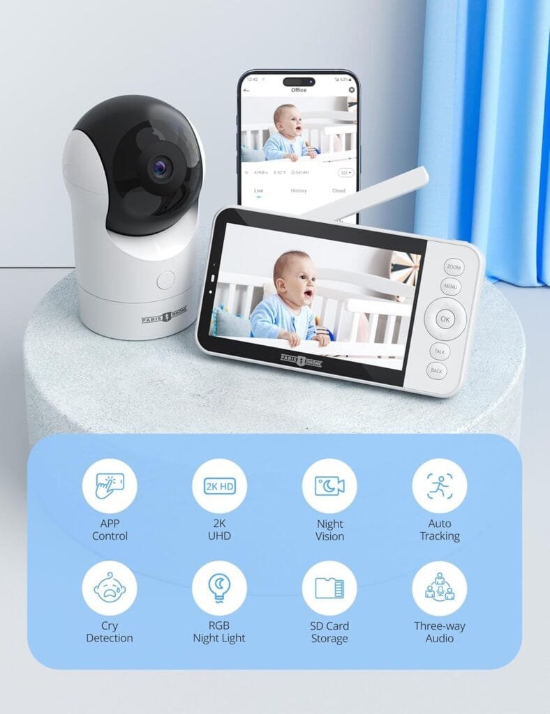 PARIS RHÔNE Video Baby Monitor, 2K UHD WiFi Camera, Night Vision, 5” Smart Baby Monitor with App Control, Motion and Cry Detection, AI Tracking, Three-Way Audio, RGB Night Light, Lullabies