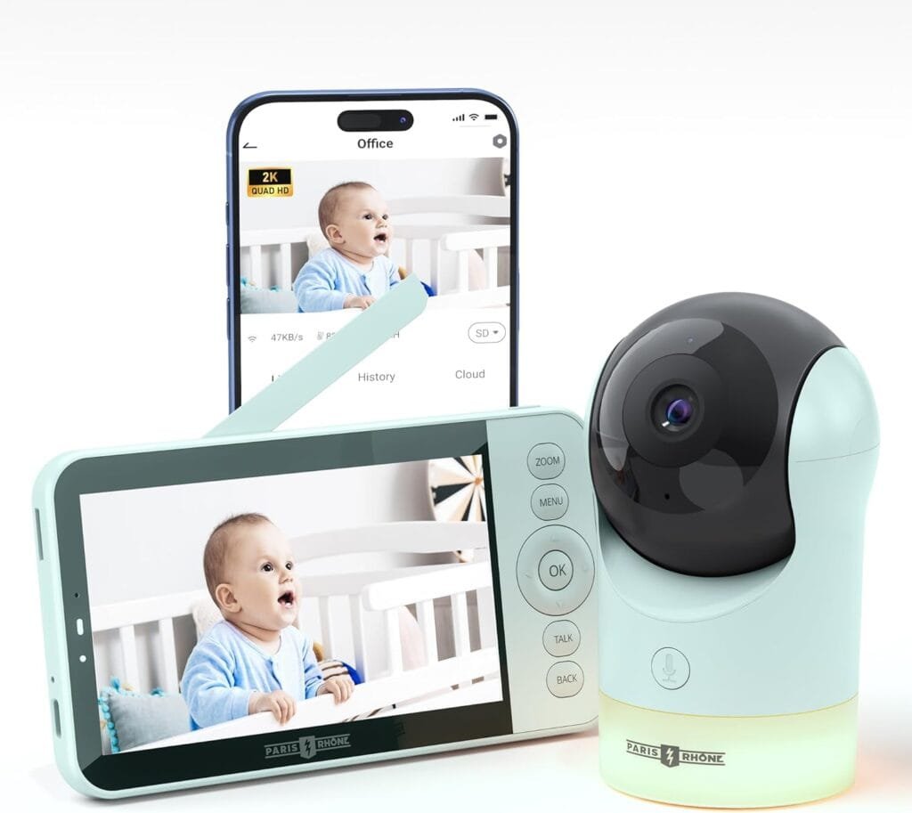 PARIS RHÔNE Video Baby Monitor, 2K UHD WiFi Camera, Night Vision, 5” Smart Baby Monitor with App Control, Motion and Cry Detection, AI Tracking, Three-Way Audio, RGB Night Light, Lullabies, Green