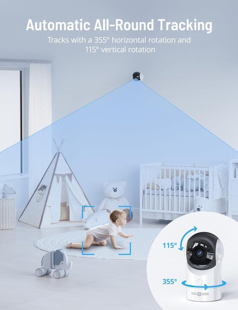 PARIS RHÔNE Video Baby Monitor, 2K UHD WiFi Camera, Night Vision, 5” Smart Baby Monitor with App Control, Motion and Cry Detection, AI Tracking, Three-Way Audio, RGB Night Light, Lullabies, Green