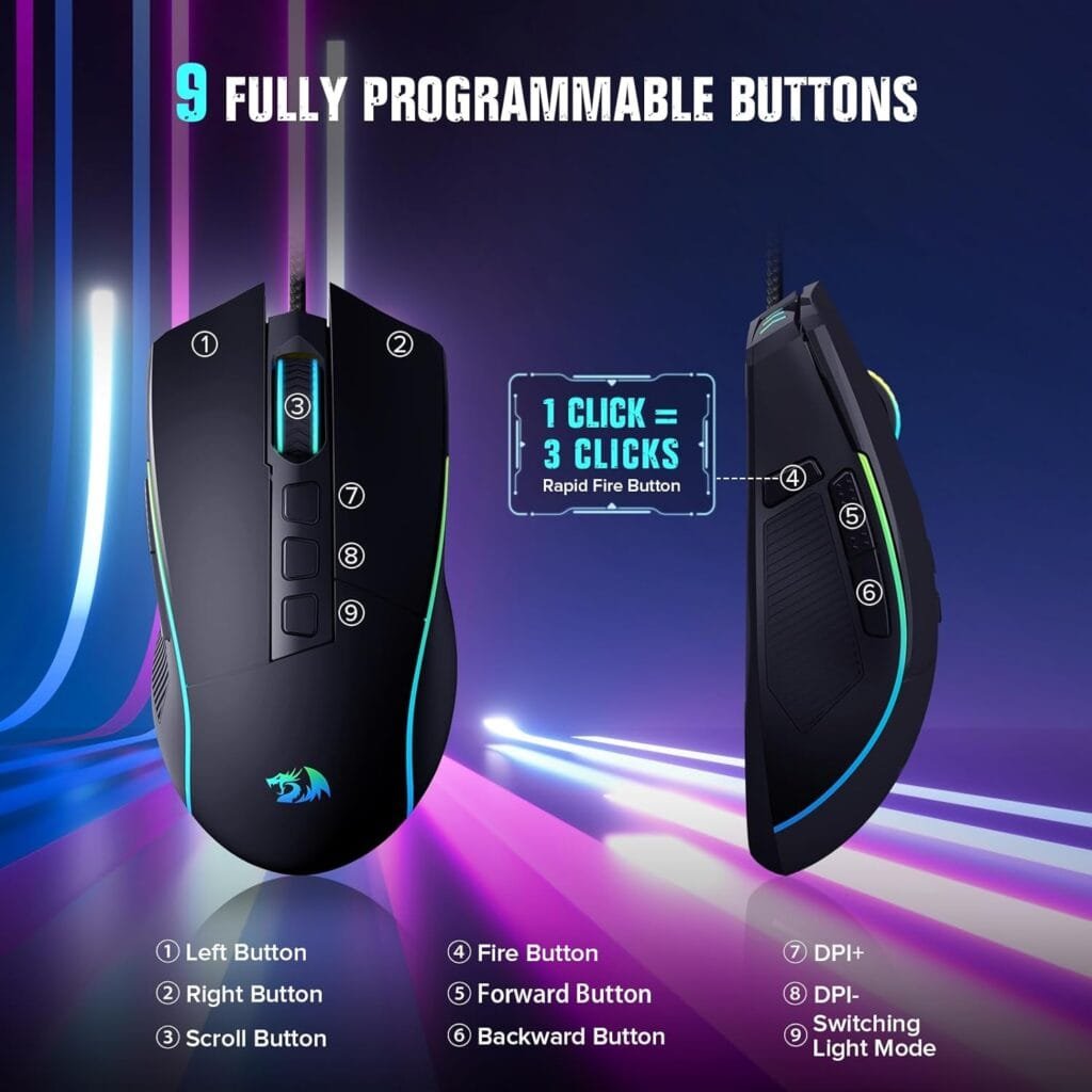 Redragon Gaming Mouse, Wired Gaming Mouse with RGB Backlit, 8000 DPI Adjustable, Mouse with 9 Programmable Macro Buttons  Fire Button, Software Supports DIY Keybinds, M910-K