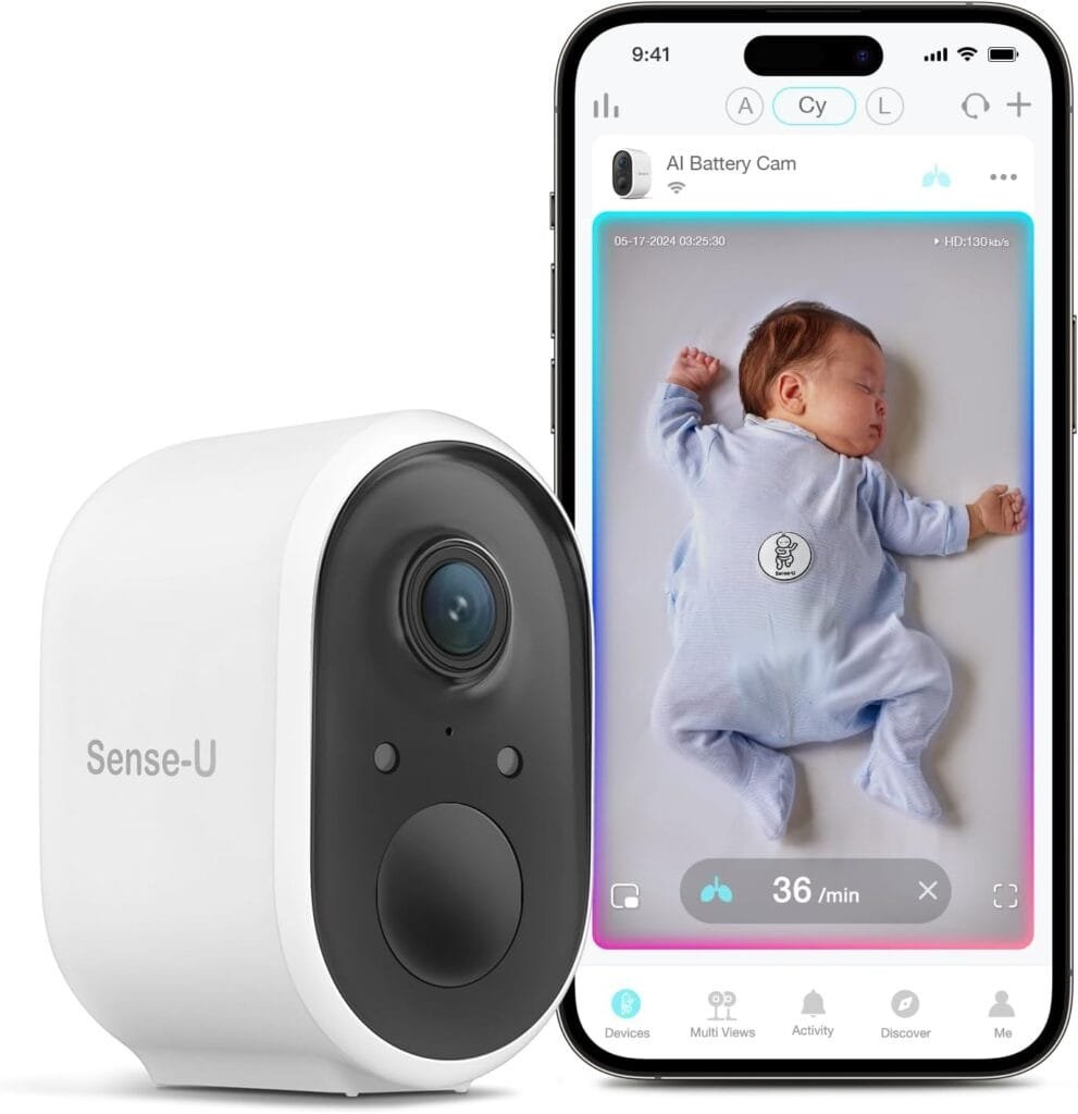 Sense-U AI Battery Baby Camera Monitor with Sensor-Free Sleep Breathing Movement Detection, Smart Security Wireless Outdoor Video Camera, Indoor Home Cam, No Monthly Fee, Peace of Mind for Parents