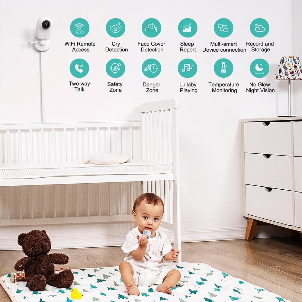 Smart AI Baby Monitor,1080P Baby Room Camera, APP,AI Detection,Cry Monitor,Lullabies,Night Vision,VOX,Two-Way Audio,Cloud  SD Card Storage,Wall Mount,Temperature Sensor,Support Smart Watch