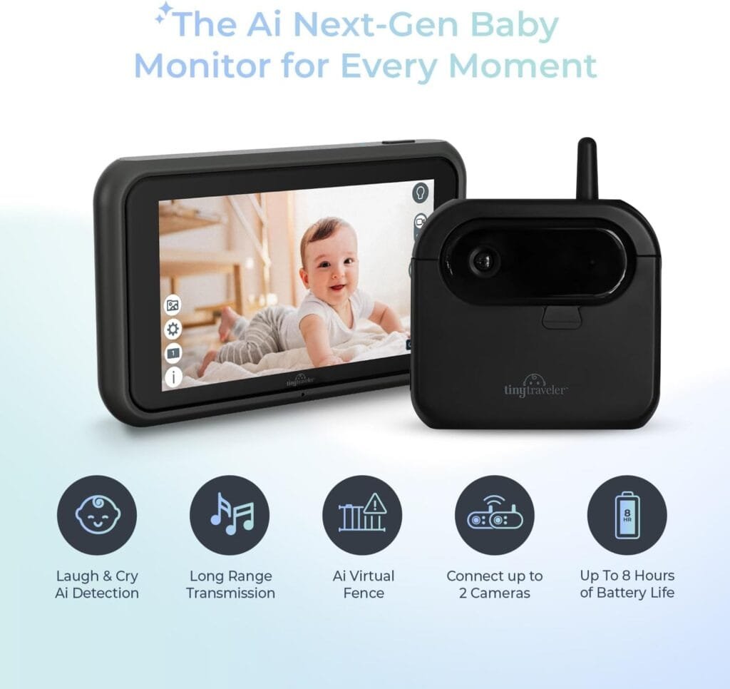 Tiny Traveler Ai Smart Wireless Baby Car Monitor - AI-Powered Safety Alerts: Cry/Laugh/Stand Detection, Virtual Fence, Long Range 1000ft Night Vision Lullabies Night Light