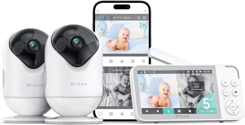 VistaView Smart WiFi Baby Monitor with 2 Cameras- 5” 1080P Split Screen  2K Camera App Control, Cry  Motion Alerts, Night Vision, 5000mAh Battery, 2-Way Talk, Triple Security, 1279ft Range