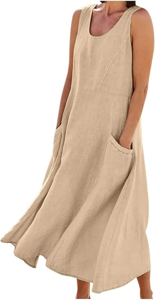 Womens Summer Cotton Linen Long Dress Sleeveless Elegant Flowy Dresses Plus Size Loose Comfy Dress with Pockets