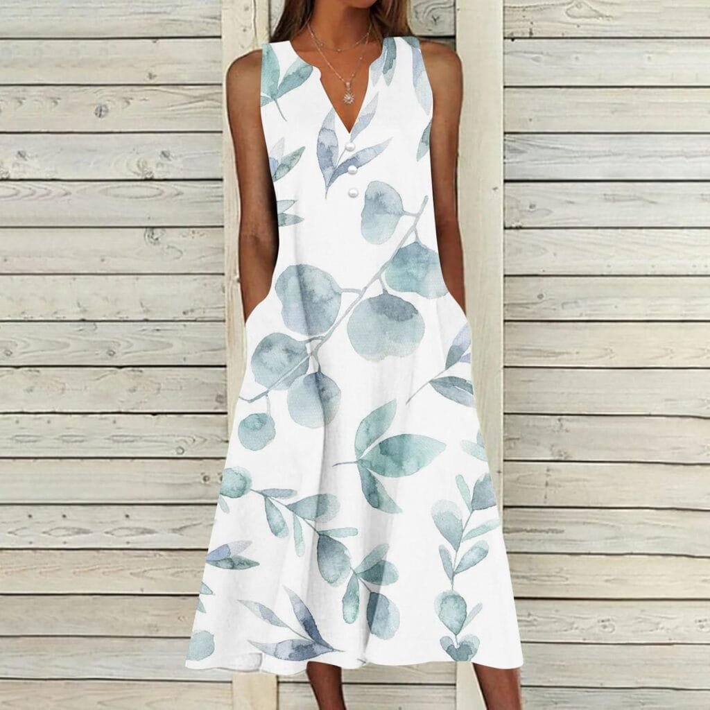 Womens Summer Design Casual Dress Fashion Floral Printed Elegant Dress Sleeveless V-Neck Long Dress with Pockets