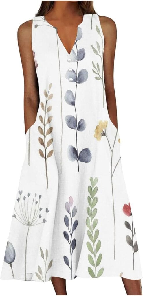 Womens Summer Design Casual Dress Fashion Floral Printed Elegant Dress Sleeveless V-Neck Long Dress with Pockets