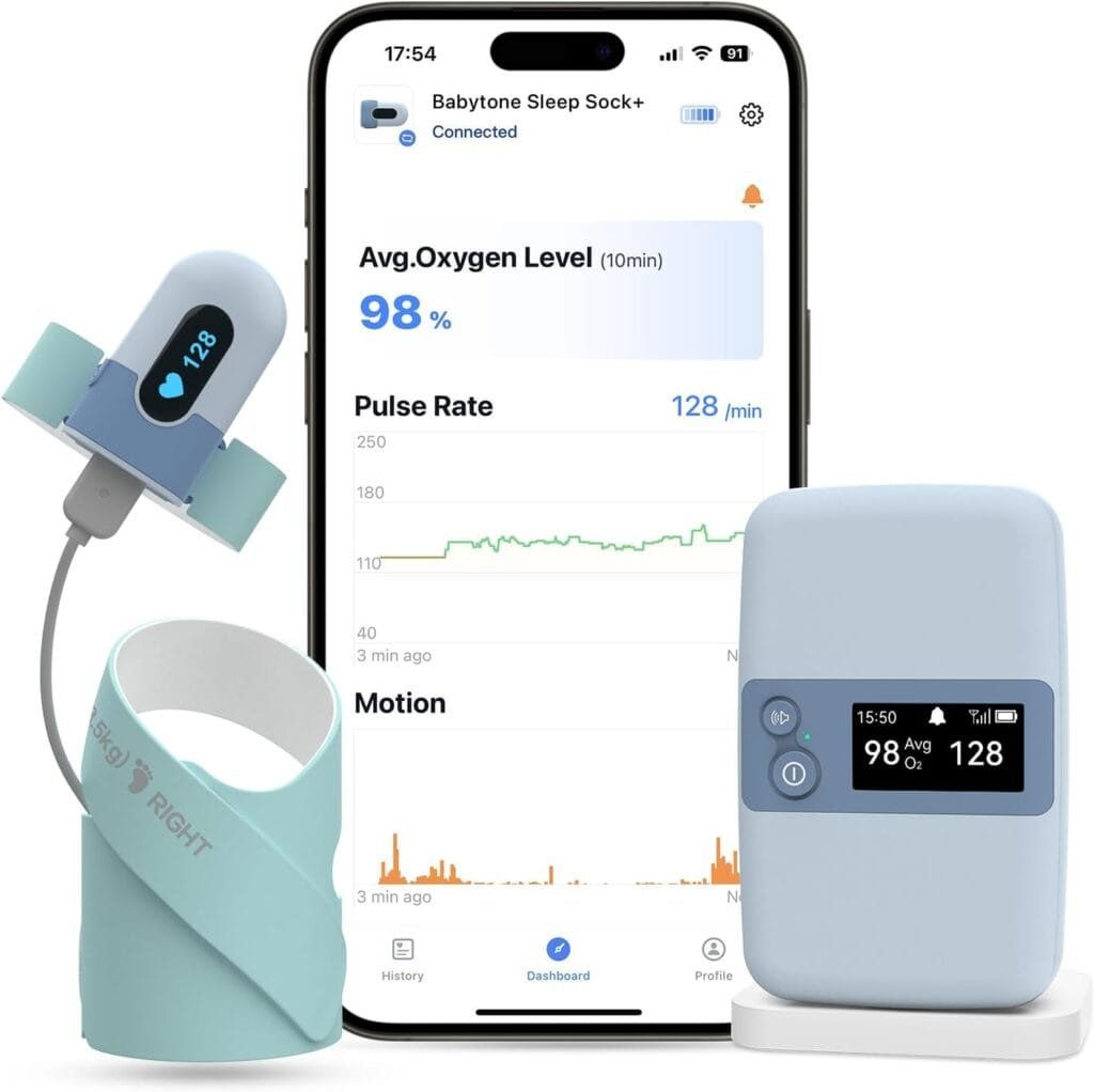 Babytone Baby Sleep Monitor with Base Station- Smart Sleep Sock, Tracking Heart Rate, Avg O2 and Movement, Wearable Baby Oxygen Foot Monitor with Bluetooth and APP, for 0-36 Months Newborn