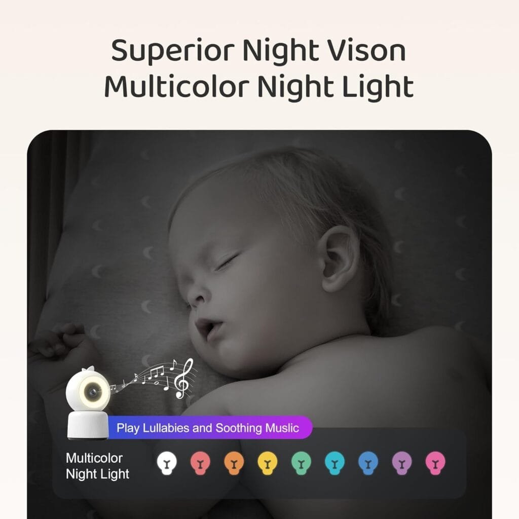 Cheego Orange 1296p HD Smart Baby Monitor with Camera and Audio, 2-Way Talk, Lullabies, Night Vision, Humidity  Temp, Multicolor Night Lamp, Includes SD Card, Free A.I. App, Secure Wi-Fi Video Camera