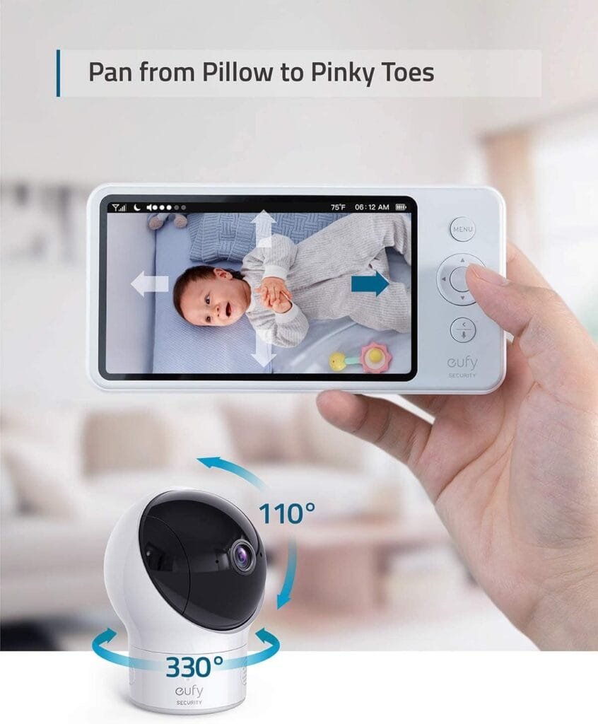 eufy Security Baby Monitor Spaceview E110 with Security Camera and 2-Way Audio, 720p HD Resolution, Night Vision, 5 Display, 110° Wide-Angle Lens Included, Lullaby Player, Sound Alert, Upgraded