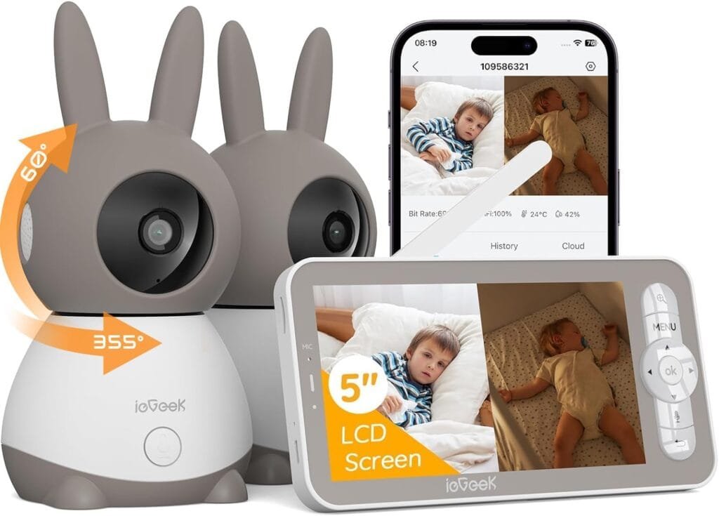 ieGeek 2K Split-Screen Baby Monitor, 5 Audio Baby Monitor with 2 Cameras, WiFi Smartphone Video Dual Camera, Night Vision, Motion  Cry Detection, Two Way Talk Temper Humidity Sensor