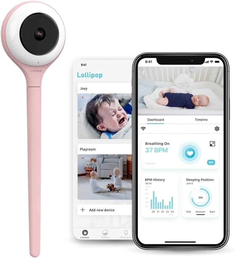 Lollipop Baby Monitor with True Crying Detection (Cotton Candy) - Smart WiFi Baby Camera - Camera with Audio, Video, and Sleep Tracking - Comes with Infrared Night Vision.