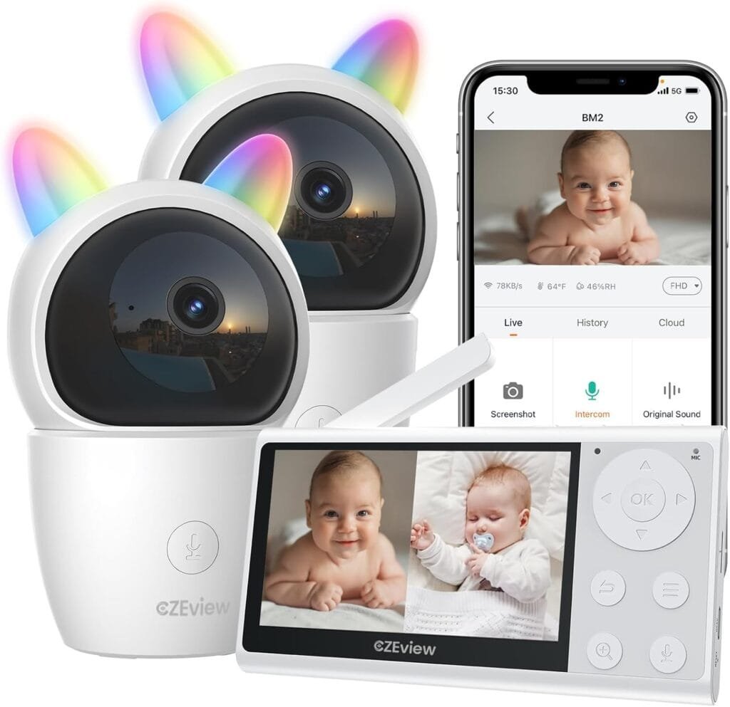 Video Baby Monitor with Camera and Audio, 2K Baby Monitor WiFi Smartphone with Night Vision, Pan-Tilt-Zoom via 4.3 Screen and APP, Cry/Motion Detection, 2-Way Audio (White 2pcs)