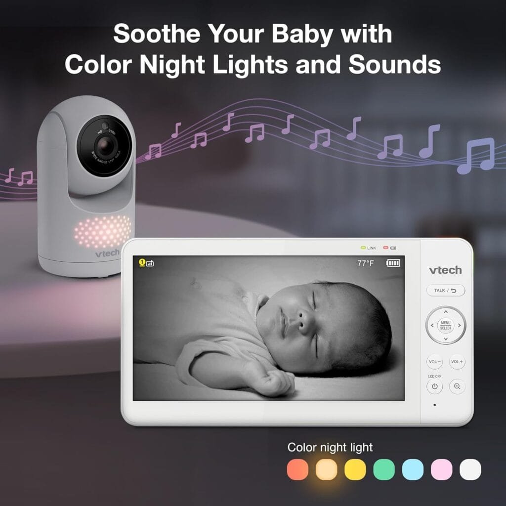 VTech Video Baby Monitor with Camera and Audio, 7” IPS Screen, Pan-Tilt-Zoom, Touch Control Multi-Color Night Light, 2-Way Talk, Lullabies, Soothing Sounds, Long Battery Life, No WiFi: Advanced HQ Max