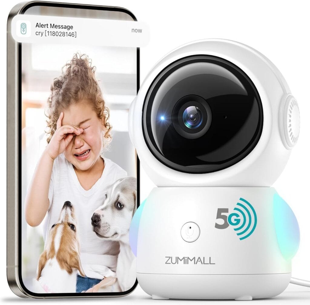 ZUMIMALL Security Camera Indoor, 5G/2.4G WiFi Baby Monitor with Camera and Audio, 2K Wired Pet Camera for Home Security, One-Click Call, Auto Tracking, Cry/PIR/AI Detection, Alexa/ONVIF/Cloud